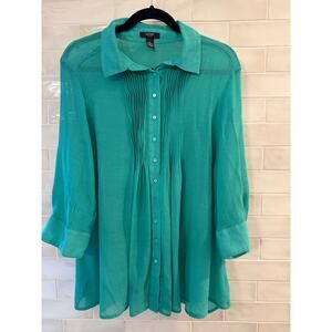 Alfani Turquoise Sheer Pleated Button Front Tunic Blouse Size 1X